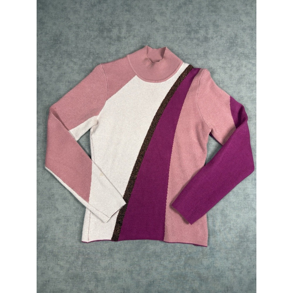 FRACOMINA Women XL Mock Neck Sweater Pink Colorblock Lurex Metallic Italian